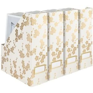 Blu Monaco Decoratieve opvouwbare tijdschriftenopbergdozen voor bureauset van 4 met gouden bloemenpatroon en gouden labelhouder - ideale boekenkisten of verticale bestandsorganizer maken boekenplank