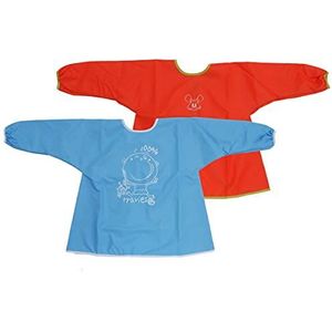Ti TIN | Set van 2 waterdichte slabbetjes met mouwen en bindbanden, voor baby's en peuters vanaf 1 jaar, ademend, 100% polyurethaan, kleuren: rood, groen