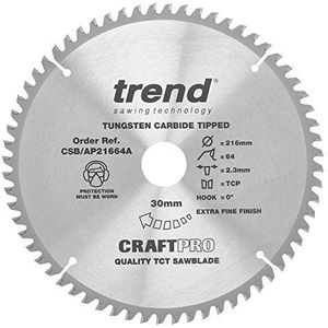 Trend CraftPro TCT aluminium en kunststof werkblad zaagblad, diameter 216 mm, 30 mm boring, 64 tanden, 2,3 mm kerf, nul° haak, CSB/AP21664A