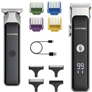BarberBoss Gezichtshaartrimmer voor heren, dubbele baardtondeuse, oplaadbare tondeuse, keramisch mesverzorgingsgereedschap met lengtewijzerplaat, USB-voeding met LED-lichtindicatoren