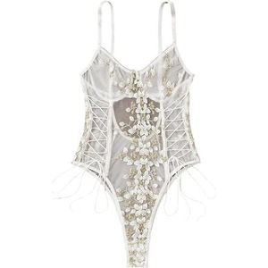 Lilosy Vrouwen Sexy Lace Up Bloemen Geborduurde Teddy Lingerie Bodysuit Top Mesh Sheer Een Stuk, Wit, S