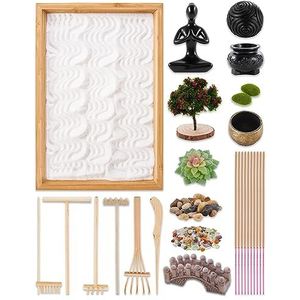 Zen Garden Kit - Mini Japanse zandtuin voor desktop met bamboe dienblad - inclusief harken, yoga-standbeeld, brug, zandbal, stenen, kristallen en meer