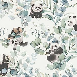 Rasch Behang 301144 - licht vliesbehang met eucalyptus en panda's in aquarel look; kinderkamer behang - 10,05m x 0,53m (LxB)