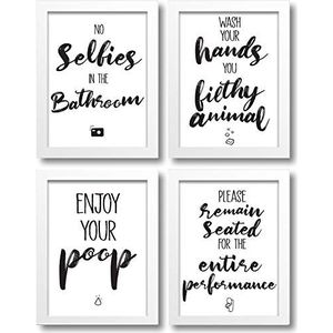 Hoogwaardige set van 4 grappige spreuken voor in de badkamer/wc, citaten voor in de badkamer/toilet, decoratie-afbeeldingen, gedrukte kunst, A4-poster, grappig (met witte lijst)