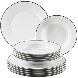 M�äser 931936 Serie Enna, tafelservies voor 6 personen, modern, wit met zwarte rand, 12-delige bordenset met platte borden en soepborden, rond servies, tafelservies, porselein