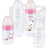 NUK First Choice+ starterset voor babyflessen, 4 flessen met temperatuurregeling, 2 x 150 ml (1 pak) en 2 x 300 ml, inclusief flessenbox, 0-6 maanden, anti-koliek, BPA-vrij, 5-delige set,roze/wit