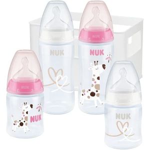 NUK First Choice+ starterset voor babyflessen, 4 flessen met temperatuurregeling, 2 x 150 ml (1 pak) en 2 x 300 ml, inclusief flessenbox, 0-6 maanden, anti-koliek, BPA-vrij, 5-delige set,roze/wit