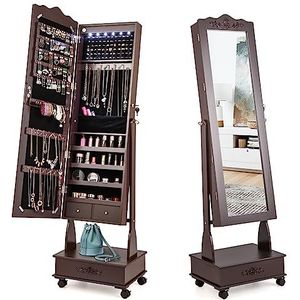 COSTWAY Sieradenkast met spiegel, led-sieradenspiegelkast met lade, sieradenorganizer, afsluitbaar, op wieltjes, ideaal voor opslag en make-up