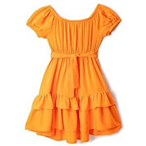 Koton Girl Midi Dress Riem Detail Korte Mouwen Ruffled Voluminous U Neck, oranje (200), 9-10 Jaren