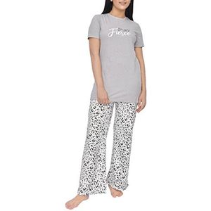 Sleepdown Dames pyjama bedrukt 2-delig T-shirt met korte mouwen en all-over dierenprint wijde pijpen broek set casual loungewear nachtkleding, Grijze luipaard, L