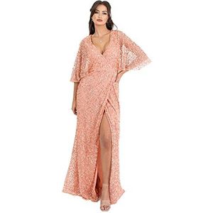 Womens maxi jurk dames pailletten verfraaid wrap A-lijn jurk voor bruiloft gast bruidsmeisje avond bal gelegenheid abrikoos blozen maat 22 UK, abrikoos blozen, 48