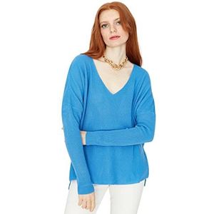 Trendyol Dames V-hals effen oversized sweater sweatshirt, blauw, L, Blauw, L
