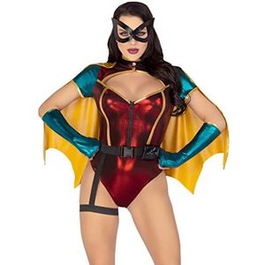 Leg Avenue 5 PC Sultry Sidekick, includes shimmer zip up bodysuit, detachable cape, belt with attached garter, gloves, and face mask