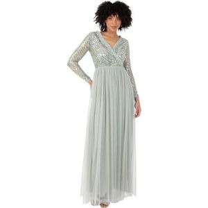 Maya Deluxe Damesjurk met tule en V-hals, lange mouwen, voor bruiloft, bruidsmeisje, eindejaarsbal, groene lelie, 44, Groene lelie., 42