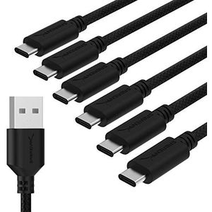 Sabrent [6-Pack] 22AWG Premium 6ft USB-C naar USB A 2.0 Sync en Charge Kabels [Zwart] (CB-C6X6)