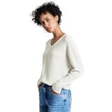 Street One - A322950 - T-shirt - Gebroken Wit - V-hals - Lange Mouwen - Materiaalmix met Stretchgehalte