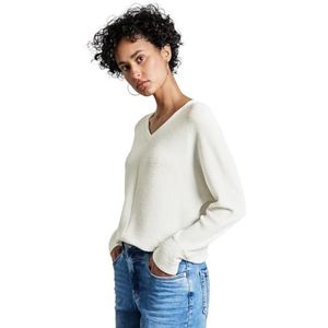 Street One - A322950 - T-shirt - Gebroken Wit - V-hals - Lange Mouwen - Materiaalmix met Stretchgehalte
