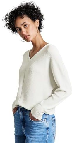 Street One - A322950 - T-shirt - Gebroken Wit - V-hals - Lange Mouwen - Materiaalmix met Stretchgehalte