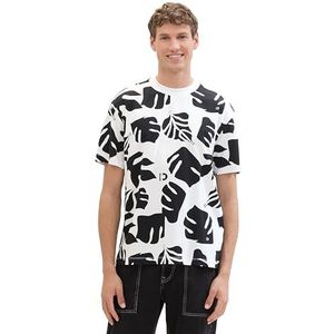 TOM TAILOR Denim T-shirt voor heren, 34825 - Wit Zwart Grote Bladeren Print, XS