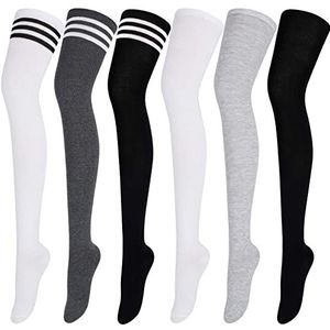 ANECO 6 paar over de knie dijsokken kniehoge warme kous vrouwen laars sok beenwarmer hoge sokken voor dagelijks gebruik, cosplay, Zwart, Wit, Lichtgrijze Strepen Kleuren, Zuivere Kleuren, Medium-Large