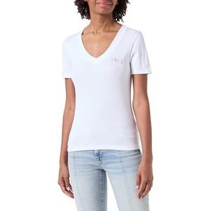 Calvin Klein Jeans Dames geweven label geribbeld V-hals T-shirt S/S T-shirt, Helder Wit, XL