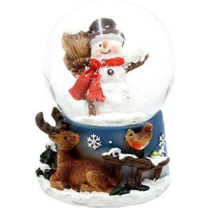 Dekohelden24 Sneeuwbol sneeuwpop met bezem en vogel op uitvoerig versierde sokkel, afmetingen L/B/H: 4,5 x 4,5 x 6,5 cm bal Ø 4,5 cm.