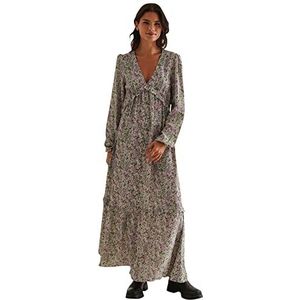 NA-KD Maxi franjesjurk met ballonmouwen voor dames, casual, Roze Bloem, 38