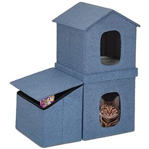 Relaxdays kattenhuis binnen, HBD: 86x75x44 cm, opvouwbaar kattenholletje met 2 etages, kattenmand met opbergvak, blauw