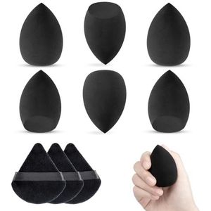 Make-up sponsset met poederpoef, driehoek, 6 stuks make-upsponzen, beauty-spons, zwart, voor blending, vloeistof, foundation, poeder, herbruikbaar, zacht poederkwasten