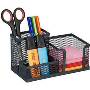 Relaxdays pennenbak, 3 vakken, mesh, modern, HBD 10x18,5x9,5 cm, pennen, notitiebriefjes, bureau organizer, antraciet