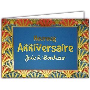 Afie 69-5136 wenskaart voor verjaardag""Happy Birthday"" in goud glanzend – met envelop – formaat gesloten 115 x 170 mm, Frans product, horizontaal, veren, pauw, blauw.