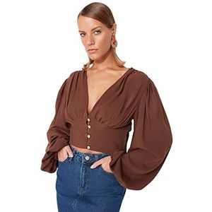 Trendyol Dames getailleerd basic V-hals geweven blouse shirt, Bruin, 36
