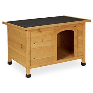 Relaxdays hondenhok, weerbestendig hondenhuis, hout, dakleer, HxBxD: 58 x 86 x 58 cm, dierenhuis buiten, naturel/zwart