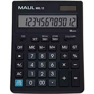 MAUL Commerciële rekenmachine MXL12, met 12 cijfers, incl. belastingberekening, groot: 20, 5x15, 5 cm, schuin display, professionele rekenmachine, zonne-energie/batterij, zwart, 7267090