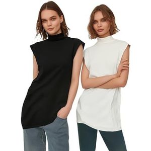 Trendyol Vrouwen bescheiden getailleerde basic staande kraag gebreide bescheiden tunieken, Zwart/Wit, XL