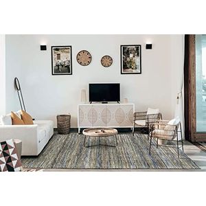HAMID - Wol en jute tapijt Olivia, handgeweven wollen jute tapijt voor woonkamer, slaapkamer, blauw geaderd, (80 x 150 cm)