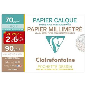 Clairefontaine - Ref 97528C - Wit Vellum Graph Papier (12 Vellen) - A4 (297 x 210mm) formaat, 70gsm papier, grafiek uitingen, Sepia Front & Blue Back, glad oppervlak