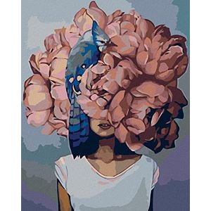 Zuty 606301, schilderen op nummer vrouw MET ROZE bloem EN VOEGLEIN 40x50 cm met spieraam (reeds gespannen)