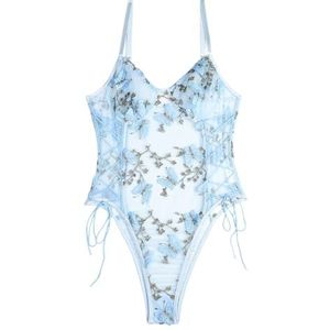 Lilosy Vrouwen Sexy Lace Up Bloemen Geborduurde Teddy Lingerie Bodysuit Top Mesh Sheer Een Stuk, Vlinder Lichtblauw, S