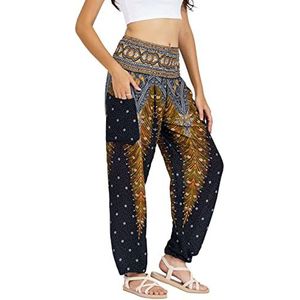 LOFBAZ Harembroek voor Vrouwen Yoga Boho Hippie Kleding Dames Palazzo Bohemien Pyjama Strand Indiase Zigeuner Genie Kleding Pauw 1 Zwart M