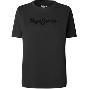 Pepe Jeans W Flock Logo T-shirt voor dames, zwart., XS