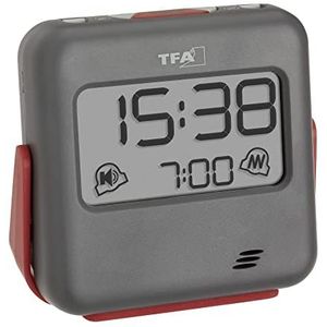 TFA Dostmann digitale wekker BUZZ, 60.2031.10, reiswekker met snooze functie, met trilling en/of alarmtoon, snooze-functie, achtergrondverlichting, compact en robust, grijs, L 79 x B 28 x H 74 mm