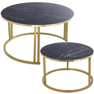 DRW Set van 2 houten en metalen salontafels in goud en zwart marmereffect, 80 x 43 en 60 x 38 cm