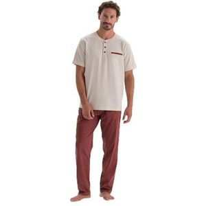 Dagi Gedetailleerde pyjamaset voor heren, gebreid T-shirt en broek, halfplot, met zak, Ecru, 3XL