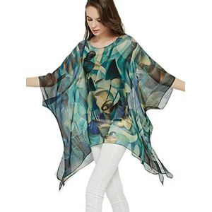Prettystern 100% zijde dames poncho tuniek zomer blouse strandjurkje topje abstracte kunst blauw