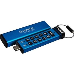 Kingston Ironkey Keypad 200C 256GB Versleutelde USB | Alfanumeriek Toetsenbord | Multi-Pin Toegang | XTS-AES 256-bit | FIPS 140-3 Niveau 3 Gecertificeerd (Aangevraagd) | IKKP200C/256GB, Blauw