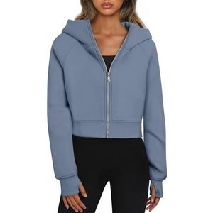 Trendy Queen Womens Zip Up Hoodies Jassen Bijgesneden Sweatshirts Fleece Herfst Outfits Casual Comfy Y2k Tops Winter Kleding 2025, Grijsblauw, S