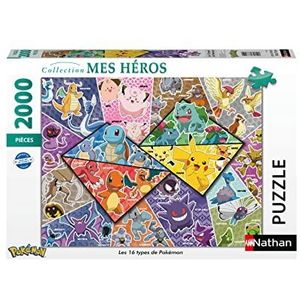 Nathan 87314 Puzzel 2000 stukjes, de 16 soorten Pokémon, volwassenen en kinderen vanaf 14 jaar, hoogwaardige puzzel, perfecte inbouw, Mijn heldencollectie