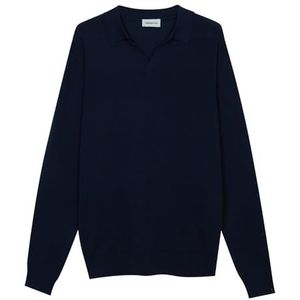 Diana Studio - Gescherd gebreid poloshirt zonder knopen, voor heren, 100% katoen, licht, extra gedraaid, lange mouwen, casual pasvorm, Blauw Navy, L