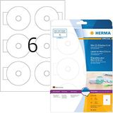 HERMA 8619 mini CD etiketten incl. positioneerhulp A4 dekkend (Ø 78 mm, 10 velles, papier, mat) zelfklevend, bedrukbaar, permanente klevende CD stickers, 60 etiketten voor printer, wit